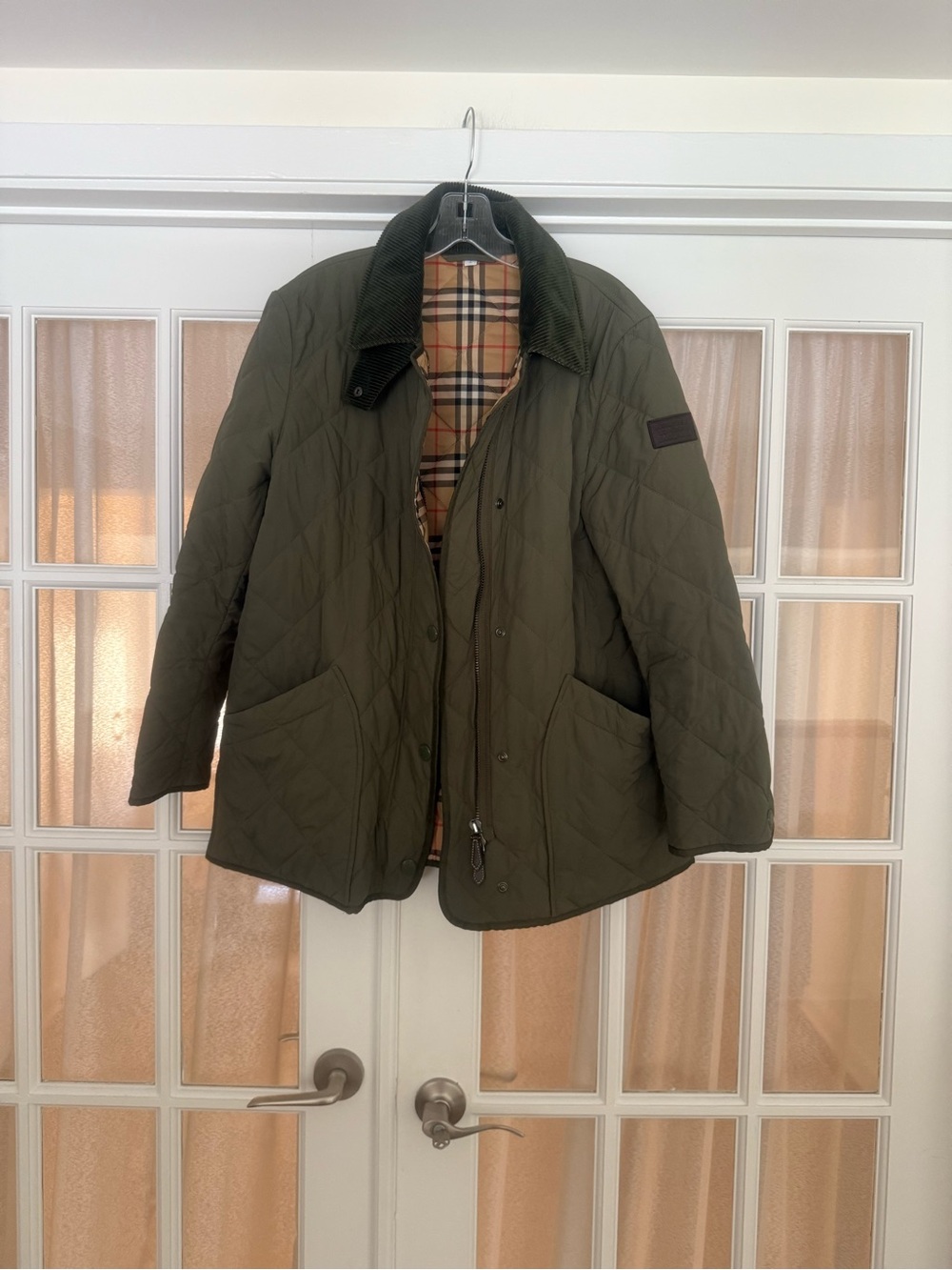 Burberry Quilted Olive Green Jacket with Corduroy Collar